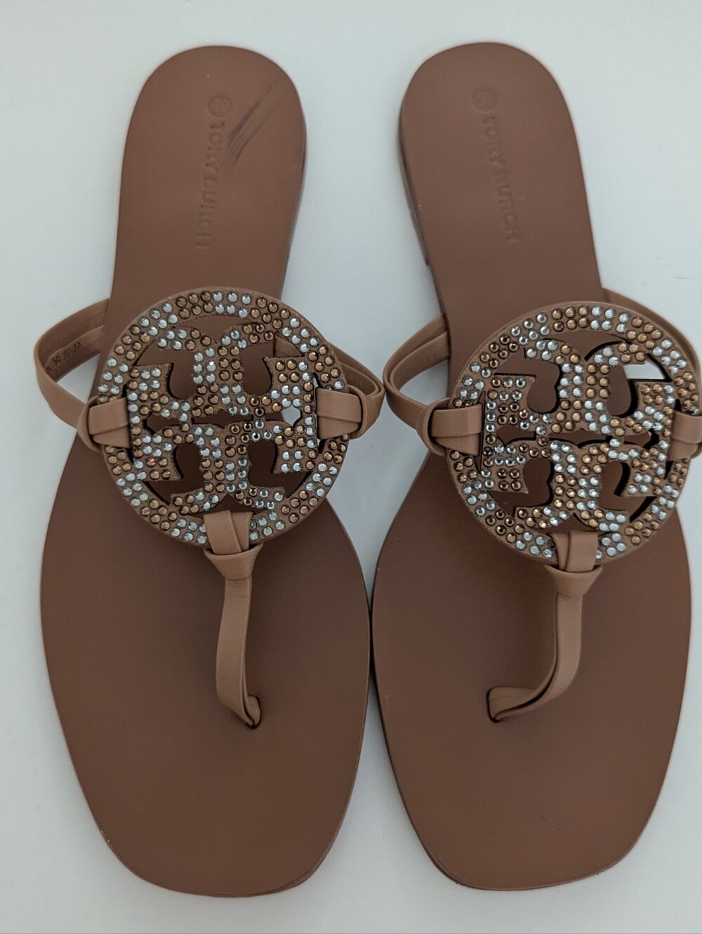 EUC! Tory Burch Miller Sandal Embellished Rhinestone In Tan Size 8.5